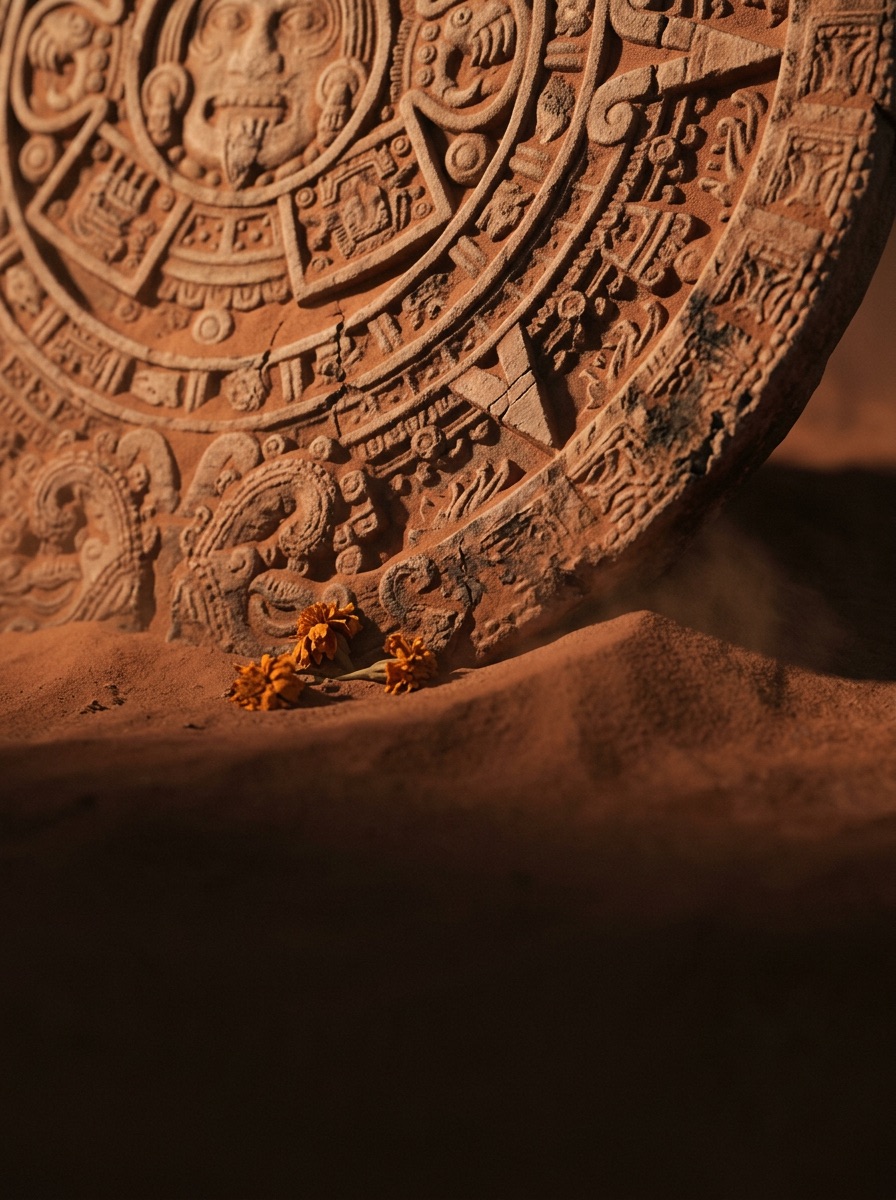 Ein angeschnittener aztekischer Kalenderstein ragt aus rotem Wüstensand, davor Cempasúchil-Blüten