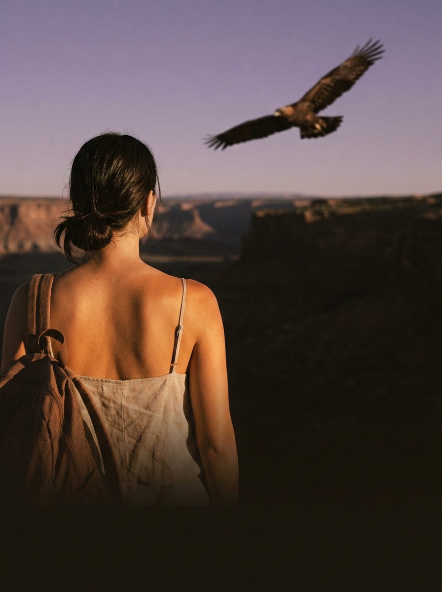Eine Frau von hinten auf einer Canyon-Hochebene, über ihr ein Adler im Segelflug