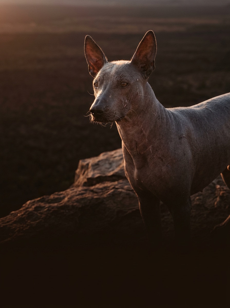 Ein Xoloitzcuintle auf einer Felskante im Gegenlicht der Dämmerung
